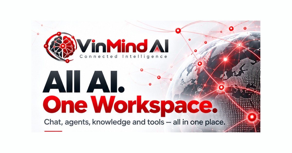 VinMindAI launch artwork showing multi-model access, private knowledge, connected tools, AI agents and role-based controls