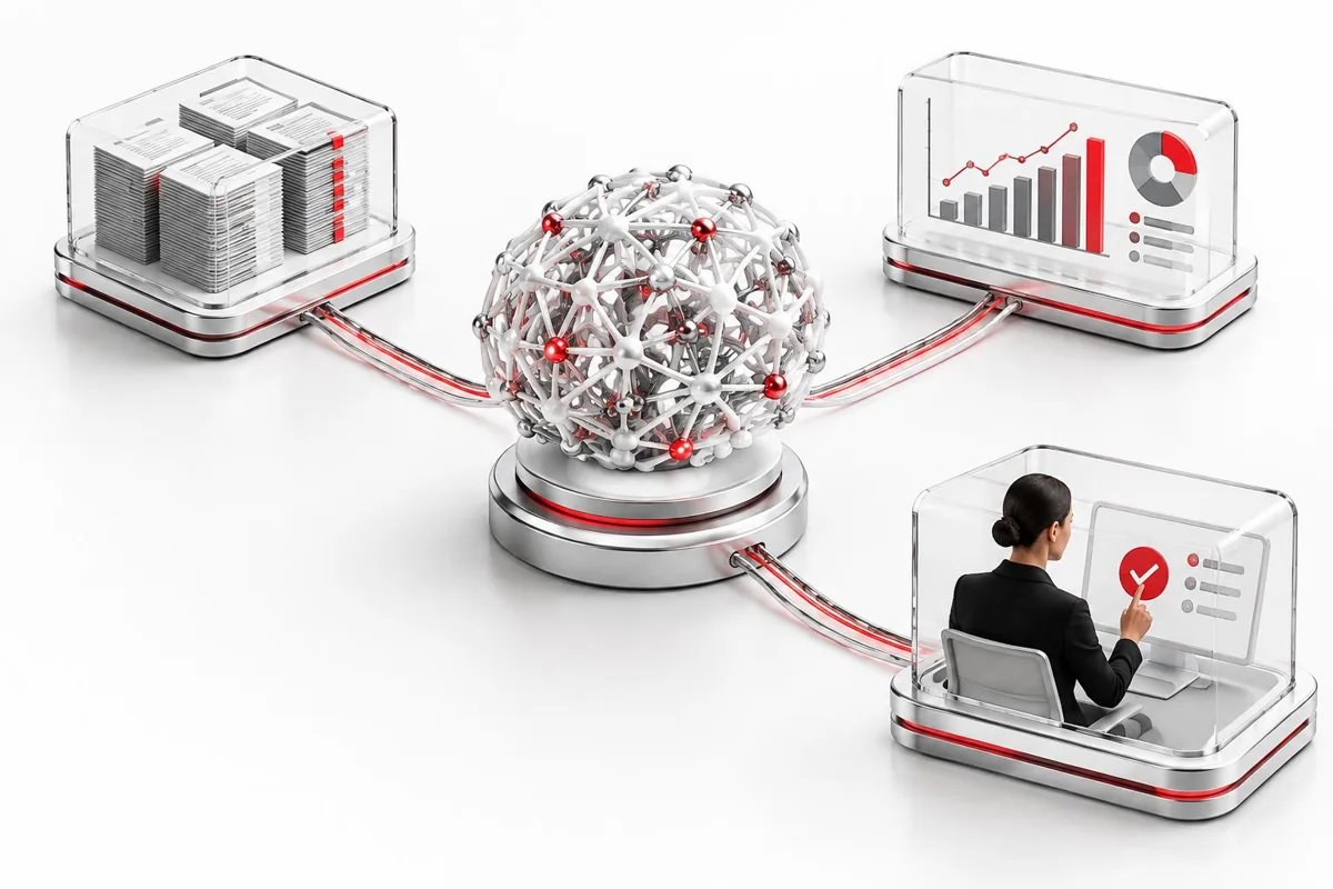 Concept illustration of a connected AI system with document retrieval, analysis and human approval