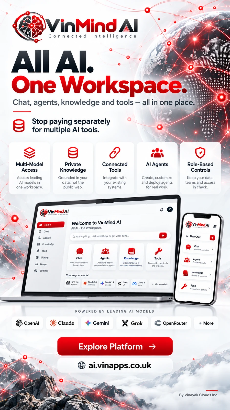 VinMindAI launch artwork showing multi-model access, private knowledge, connected tools, AI agents and role-based controls