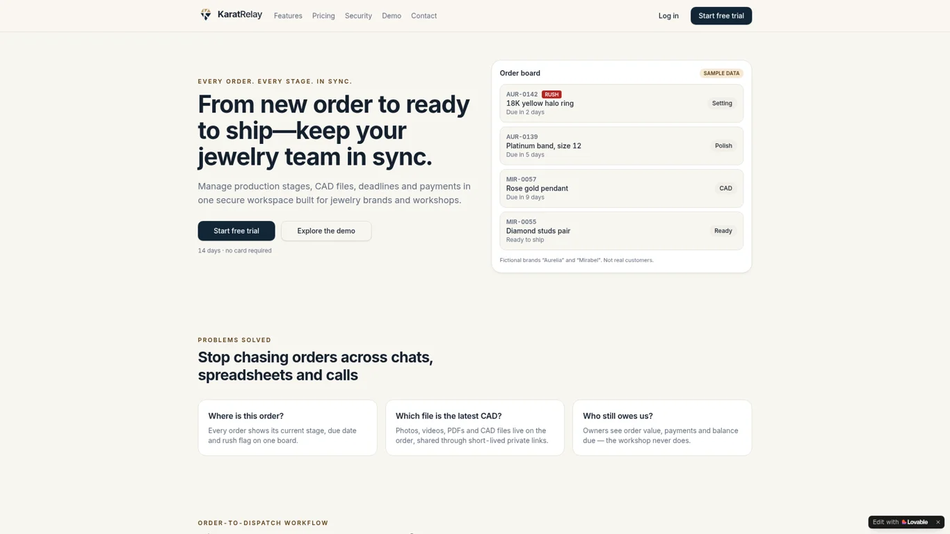 KaratRelay live jewelry production website with sample order board